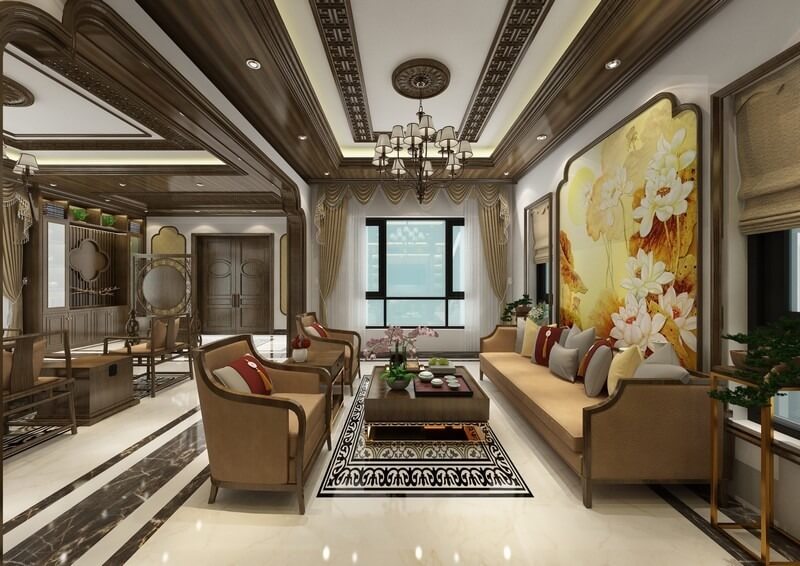 Nội thất biệt thự song lập ở phân khu Hướng Dương ghi dấu ấn với phong cách Indochine, kết hợp hài hòa giữa vật liệu gỗ trầm, họa tiết kỷ hà và bức tranh hoa sen đậm chất bản sắc