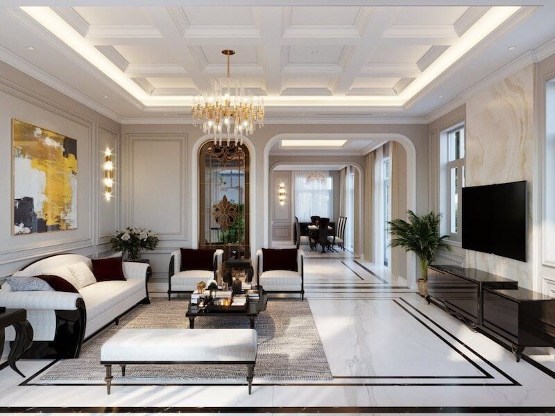 Thiết kế nội thất của biệt thự song lập ở phân khu Tulip khẳng định đẳng cấp Italia đương đại qua hệ trần ô lưới sang trọng, phối hợp cùng nội thất Modern Luxury tinh tế trên nền đá Marble