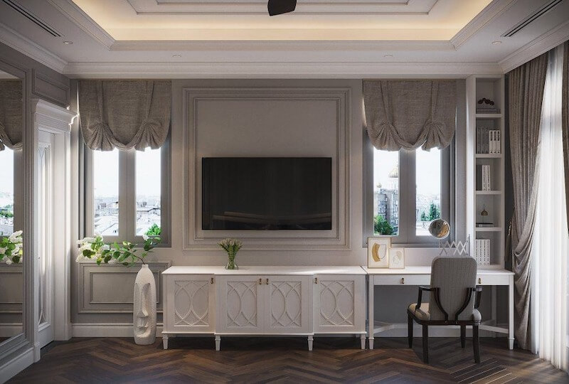 Nội thất biệt thự song lập của phân khu Nguyệt Quế mang phong cách Tân cổ điển hiện đại với hệ phào chỉ tường thanh mảnh, kết hợp sàn gỗ xương cá và tông màu trung tính sang trọng