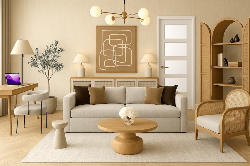 Phòng khách chung cư 70m² 3 phòng ngủ phong cách Japandi ưu tiên nội thất thấp sàn, màu trung tính và ánh sáng tự nhiên để “ăn gian” chiều cao và độ thoáng