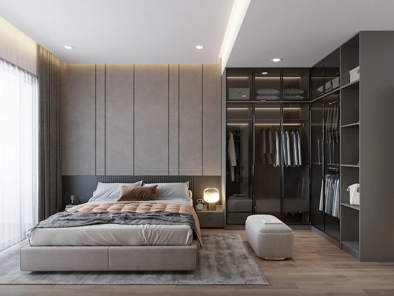 Phòng ngủ Master chiếm ưu thế về diện tích, tầm nhìn, view đẹp nhất, nội thất tủ quần áo tích hợp sang trọng