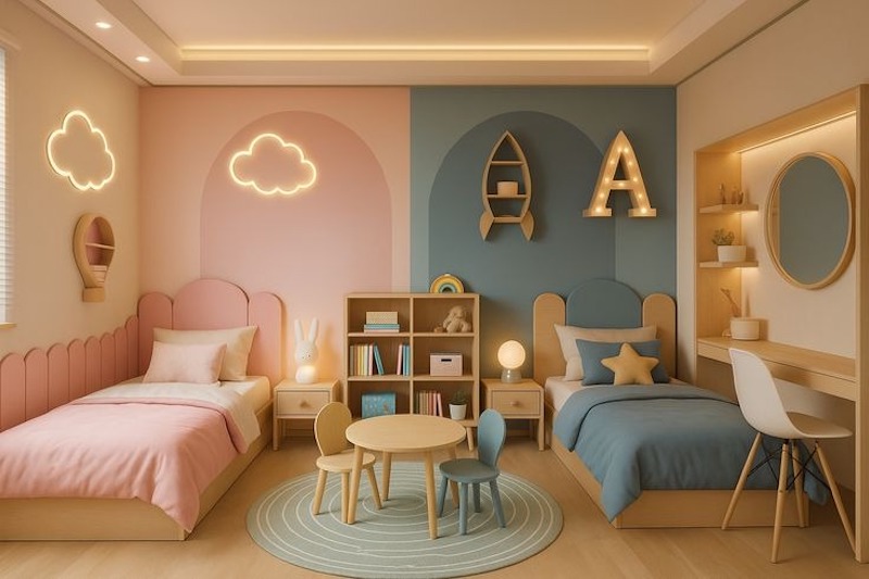 Phòng ngủ cho con thiết kế dựa vào màu sắc và sở thích của bé, để bé có một không gian sinh hoạt riêng tư yêu thích cho bản thân