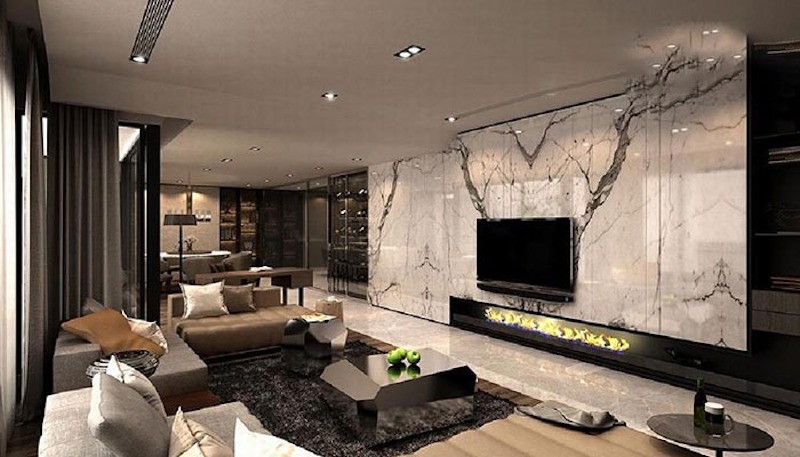 Phòng khách hiện đại với điểm nhấn sử dụng đá Marble và sofa da bò tót