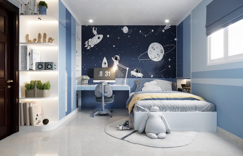 Thiết kế hiện đại cho phòng ngủ bé trai thường tập trung vào sự đơn giản, tinh tế và tính năng tiện ích, không khí thoải mái cho bé