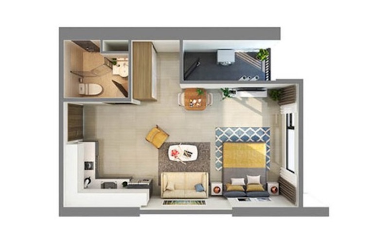 Studio 45m2 được phân chia rõ ràng các không gian phòng bếp, phòng khách nối liền giường ngủ, tạo một không gian liền mạch rộng mở cho gia chủ