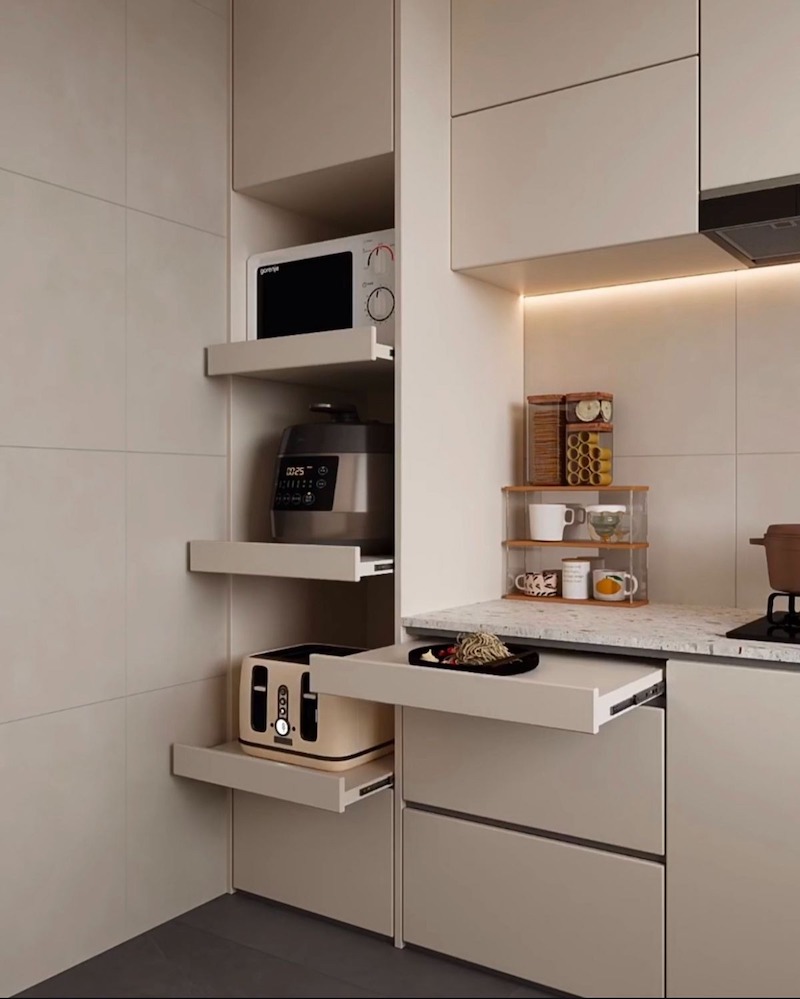 Thiết kế nội thất tủ kéo ẩn không chỉ giúp tối ưu không gian mà còn mang lại cảm giác sang trọng, tinh tế cho ngôi nhà nhỏ của bạn