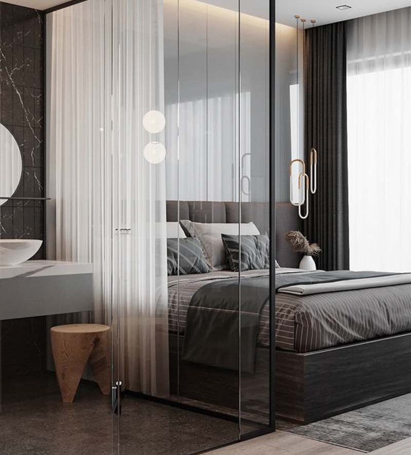 Vách kính kịch trần thay cho tường gạch giúp căn phòng trông rộng gấp đôi, tầm nhìn không bị ngắt quãng, tạo sự liền mạch hoàn hảo cho những căn hộ Studio