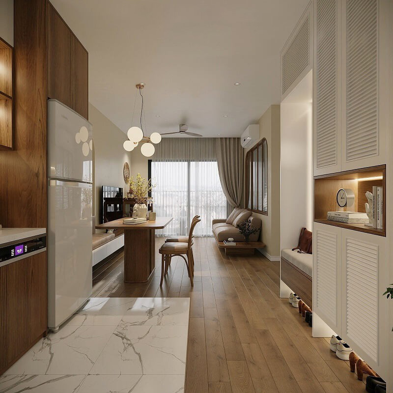 Việc sử dụng các đường nét thẳng, ít chi tiết rườm rà và tập trung vào chất liệu tự nhiên giúp không gian 45m2 trở nên thoáng đạt và bình yên