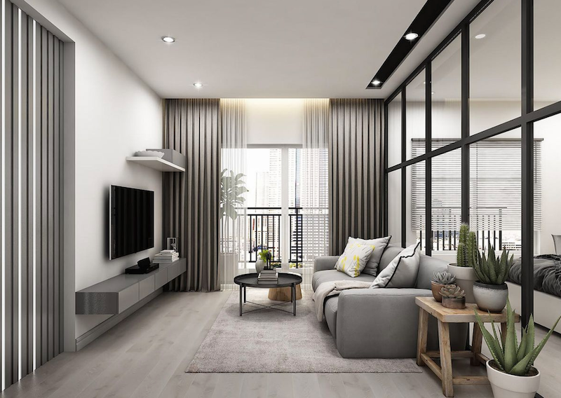 Theo đuổi phong cách hiện đại khi sử dụng ghế sofa chữ I màu xám đậm phối cùng thảm trải sàn dệt phẳng, tạo nên vẻ đẹp hiện đại và nam tính