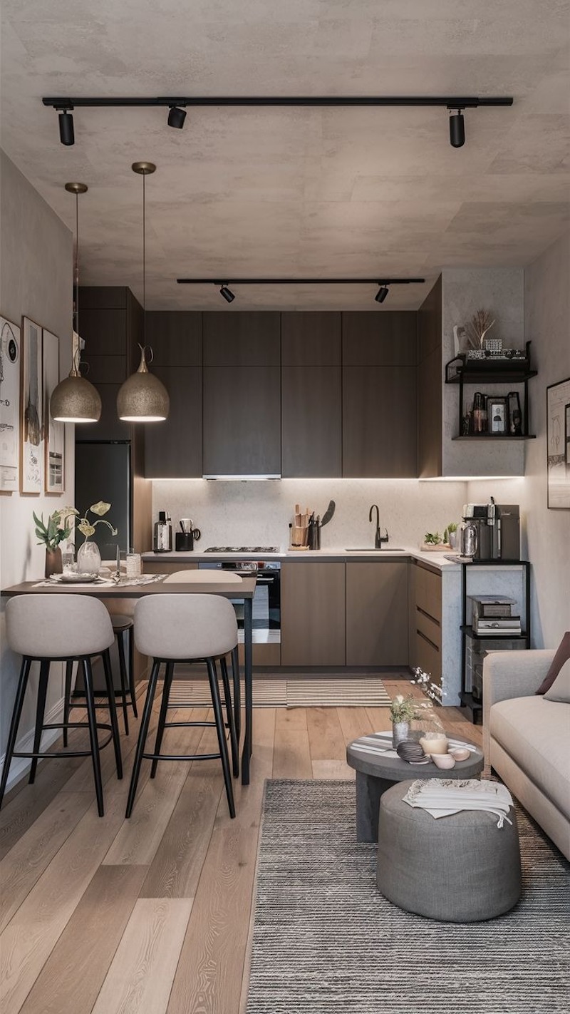 Phong cách này tinh giảm chi tiết cầu kỳ qua hệ tủ phẳng không tay nắm, kết hợp tông màu trung tính tạo sự liền mạch và sang trọng trong không gian 45m2