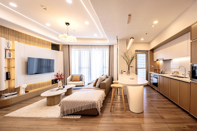 Tập trung vào khả năng tối ưu hóa công năng mà vẫn giữ được vẻ đẹp từ nội thất gỗ tinh tế, đây là phương án rất tốt cho căn hộ chung cư 45m2 tại Việt Nam