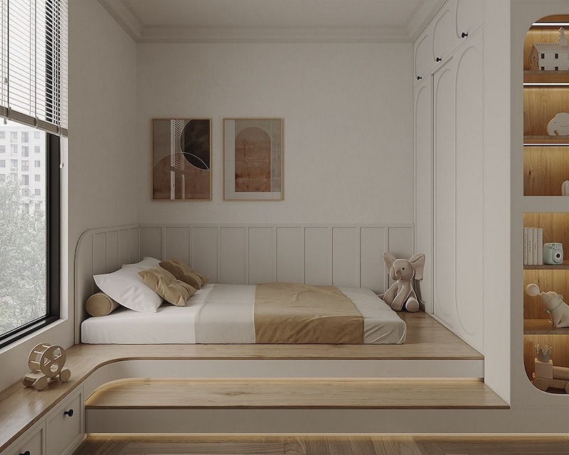 Thiết kế sử dụng hệ giường bục tích hợp đèn LED và tủ kịch trần giúp tối ưu diện tích, tạo cảm giác rộng rãi cho không gian ngủ trong căn hộ 45m2