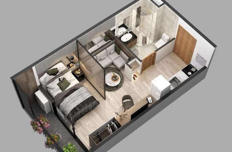 Thiết kế studio căn hộ 45m2, phòng ngủ kết hợp với khu sinh hoạt chung và bếp, sử dụng vách ngăn nhẹ để tối ưu không gian và tạo sự riêng tư