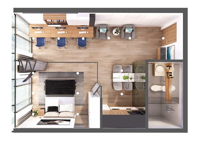 Mẫu thiết kế Studio cho chung cư 45m2 với 1 phòng ngủ sử dụng đồ nội thất thông minh và màu sắc sáng tạo cảm giác thoáng đãng