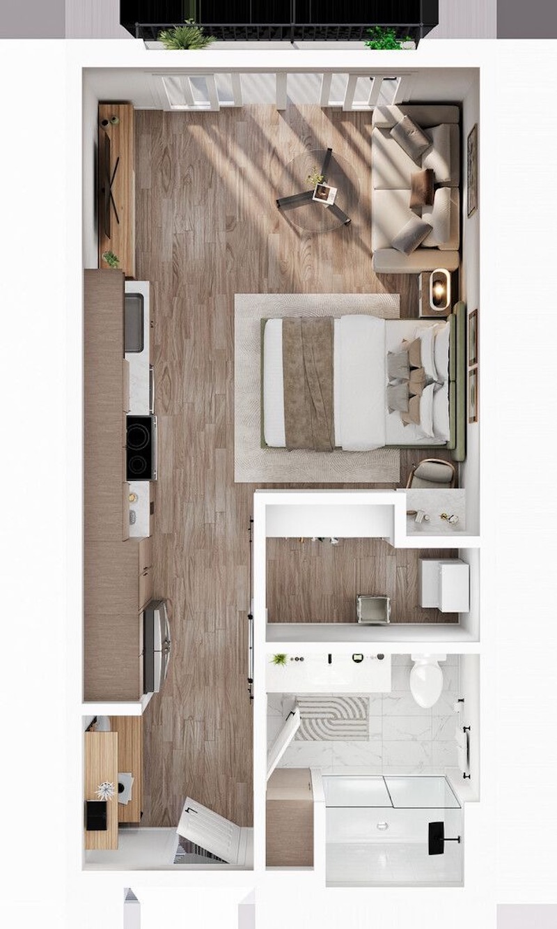 Mẫu thiết kế Studio hiện đại, cách sắp xếp nội thất sofa và giường ngủ giúp đón nhận trọn vẹn nguồn ánh sáng tự nhiên