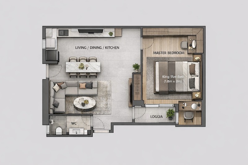 Mặt bằng bố trí căn hộ 50m2 1 phòng ngủ: Phòng khách đủ rộng để bố trí sofa chữ L lớn và bàn ăn 6 ghế, phòng ngủ Master thoải mái kê giường King-size (1.8m) và bàn làm việc riêng