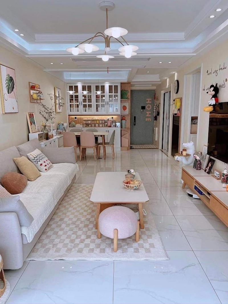 Phong cách Hàn Quốc ưu tiên phân chia không gian bằng màu sắc thay vì vách ngăn, giúp căn hộ 50m2 giữ được sự liền mạch và thông thoáng tuyệt đối