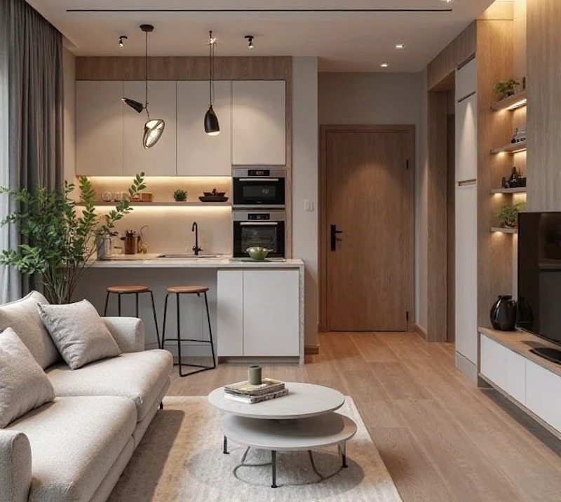 Phòng bếp và khách thông nhau tối ưu diện tích, tăng ánh sáng, thông gió, tạo cảm giác rộng rãi, thuận tiện sinh hoạt và kết nối các thành viên 