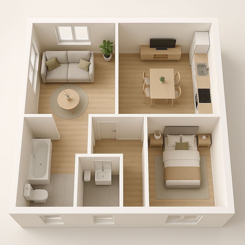 Việc giảm thiểu vách ngăn cứng giúp ánh sáng tự nhiên len lỏi sâu vào nhà, làm cho căn hộ 1 phòng ngủ luôn tràn ngập sinh khí tươi mới