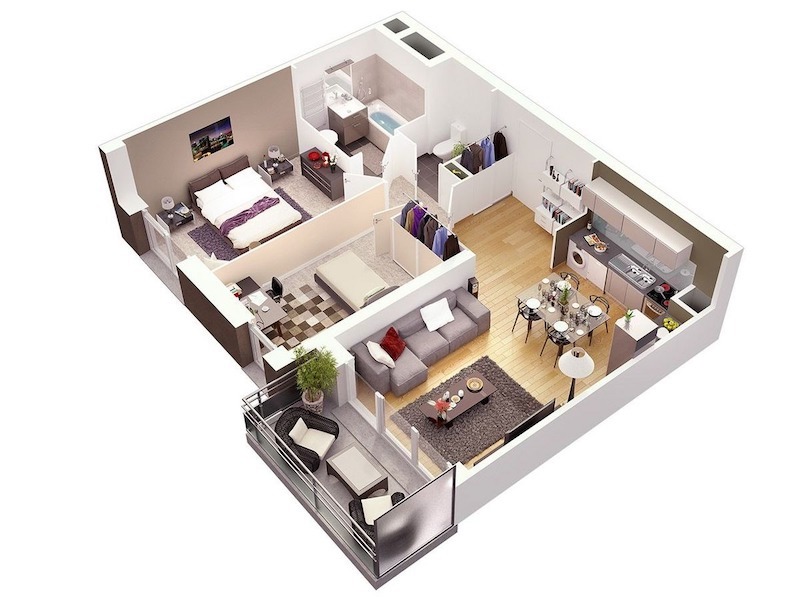 Việc phân chia 2 phòng ngủ trong 50m2 đòi hỏi sự tính toán tỷ lệ chính xác, ưu tiên không gian mở khách bếp để giảm cảm giác bí bách