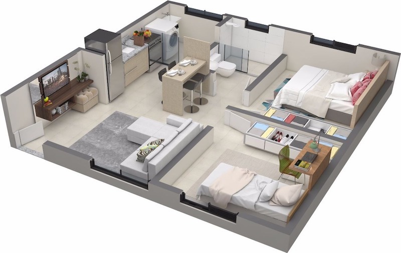 Sử dụng nội thất thông minh tích hợp lưu trữ như giường hộc kéo là chìa khóa giúp đảm bảo công năng tiện nghi cho gia đình nhỏ 4 người