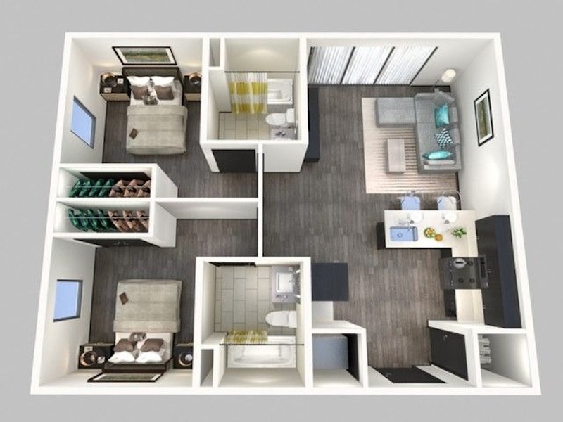 Hệ tủ bếp đóng kịch trần tận dụng tối đa chiều cao không gian để tăng sức chứa, giữ cho căn bếp nhỏ luôn gọn gàng và ngăn nắp