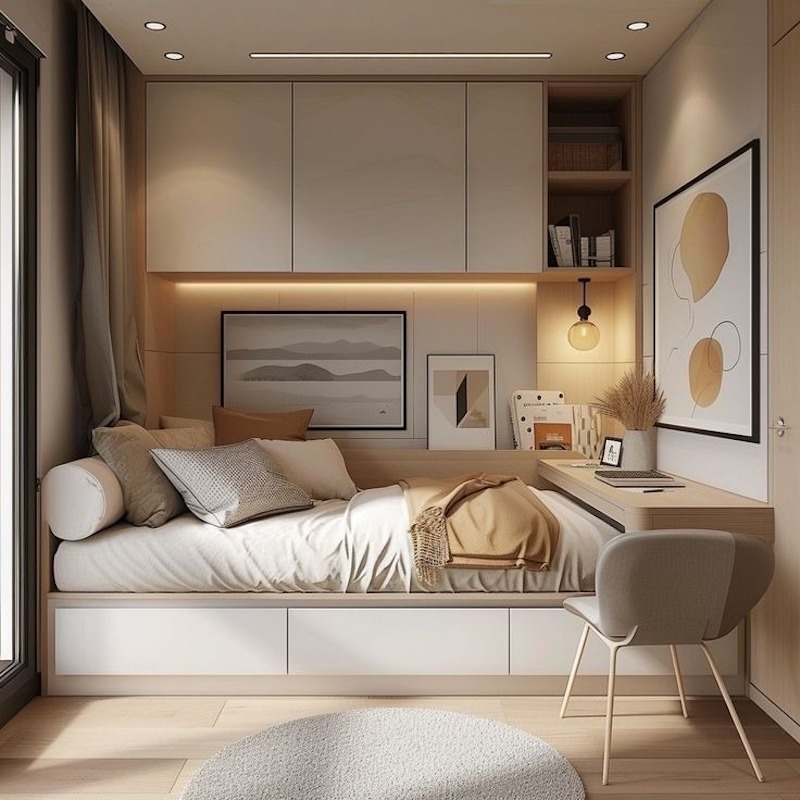 Phòng ngủ phụ trong căn hộ 50m2 thường có diện tích khá hạn chế nên để tối ưu diện tích, gia chủ có thể sử dụng hệ nội thất liền tường 