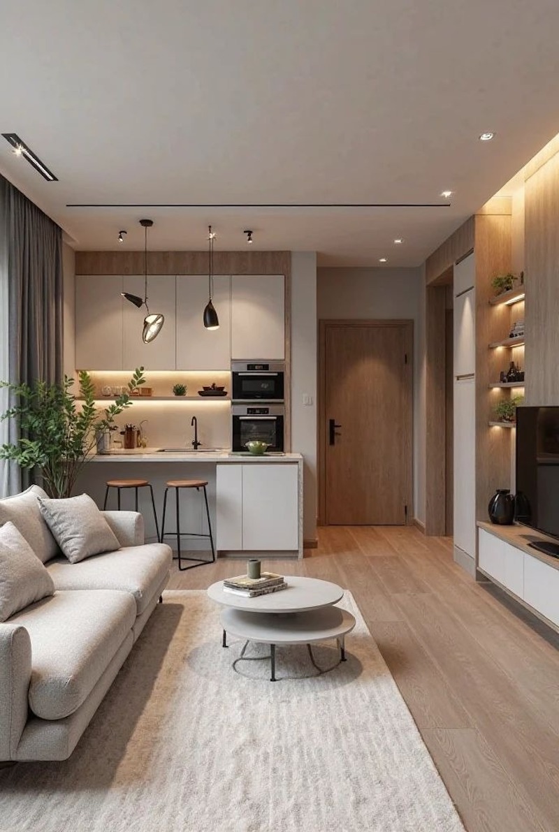 Thiết kế hiện đại cho căn hộ 50m2 ưu tiên đường nét thẳng và tông màu trung tính, giúp không gian sinh hoạt chung trở nên thoáng đãng và sang trọng hơn