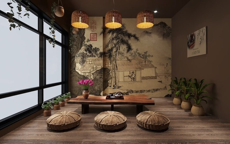 Thiết kế quán trà đạo chay ưu tiên bố cục yên tĩnh, khoảng cách bàn hợp lý giúp khách tập trung trải nghiệm trà và ẩm thực chay