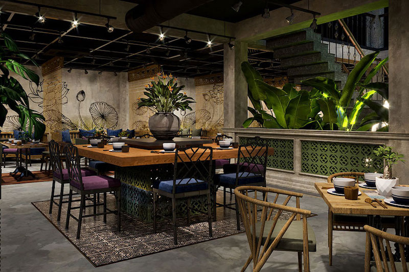 Vật liệu thô mộc giúp không gian nhà hàng chay gần gũi, ấm áp, giảm cảm giác căng thẳng, tạo sự an yên và kết nối tự nhiên cho thực khách