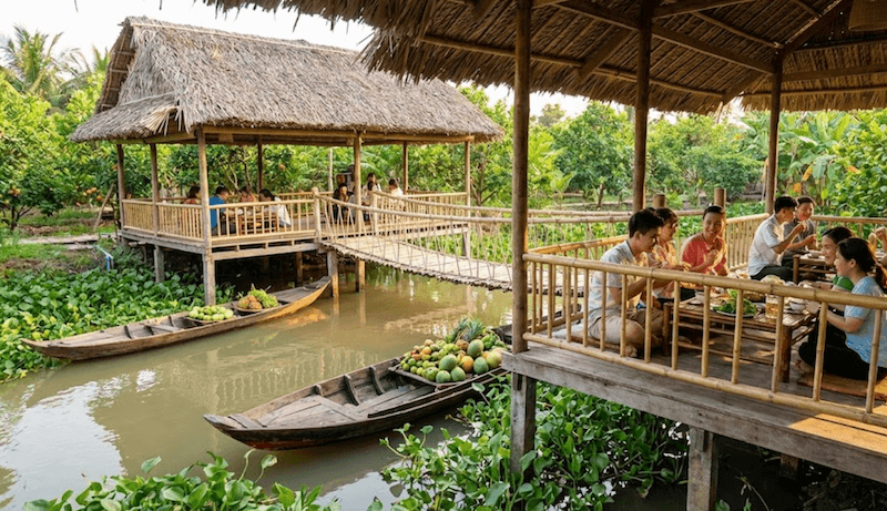 Nhà hàng đồng quê Nam Bộ tái hiện không gian miền Tây sông nước, sử dụng vật liệu mộc, nhiều cây xanh, tạo cảm giác gần gũi, thư giãn 