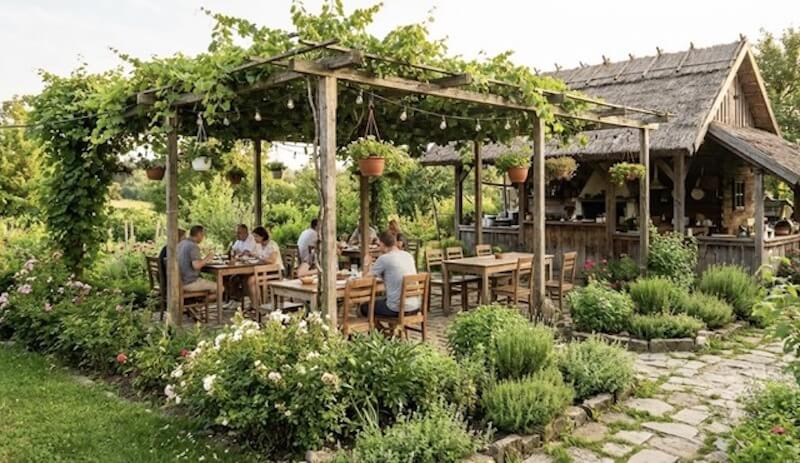 Phong cách đồng quê sân vườn mang lại cảm giác tách biệt khỏi nhịp sống đô thị, giúp thực khách thư giãn tinh thần trong từng bữa ăn 