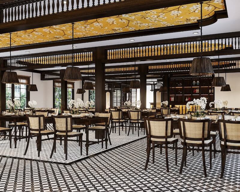 Thiết kế Indochine chú trọng sự đối xứng, tỷ lệ cân bằng giữa vật liệu mộc mạc và khung thép, mang lại tính thẩm mỹ sang trọng và tinh tế