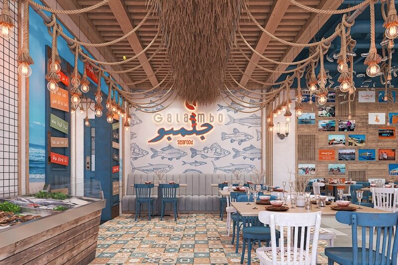 Nhà hàng hải sản phong cách Địa Trung Hải mang đến cảm giác nghỉ dưỡng với gam màu trắng - xanh, ánh sáng tự nhiên và không gian thoáng đãng