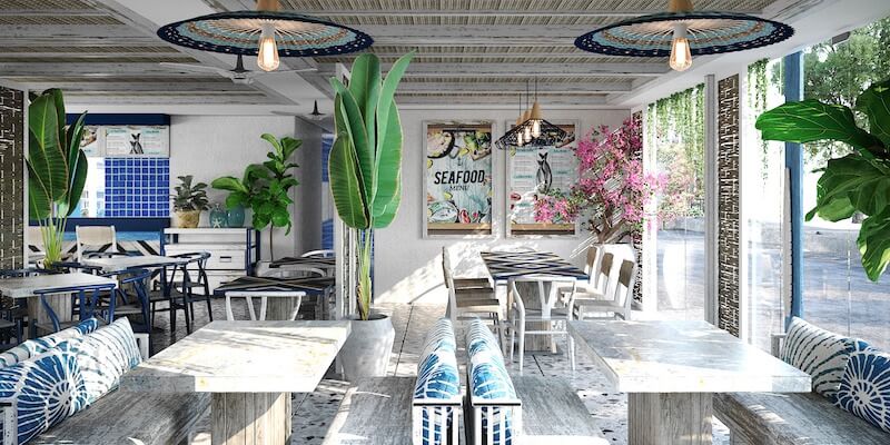 Vật liệu như đá tự nhiên, gỗ, vữa thô được ưu tiên để tăng độ bền và phù hợp với môi trường ẩm mặn