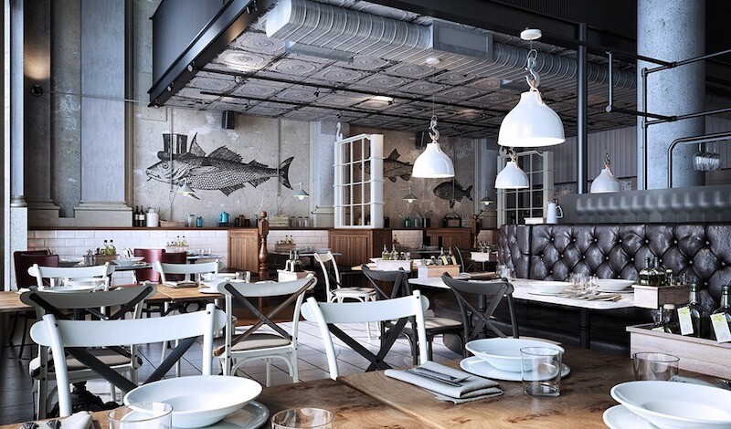 Thiết kế Industrial giúp nhà hàng hải sản dễ kiểm soát vệ sinh, mùi tanh và phù hợp với mô hình vận hành công suất lớn