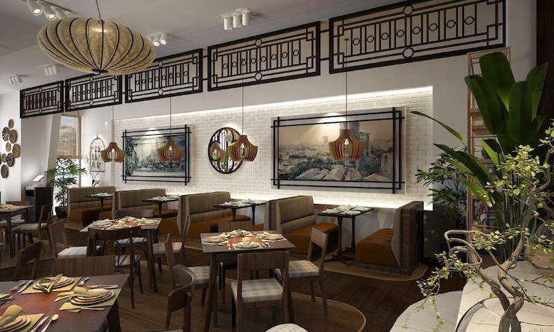 Nhà hàng phong cách Indochine kết hợp kiến trúc Pháp tân cổ điển và văn hóa Việt, sử dụng gạch bông, họa tiết tinh xảo, gam màu vàng kem, tạo sang trọng gần gũi