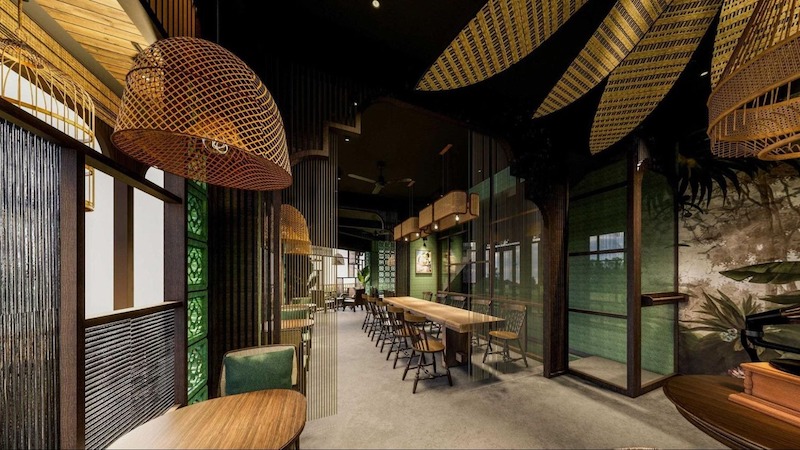 Kết hợp ánh sáng tự nhiên và nhân tạo trong nhà hàng phong cách Indochine tạo lớp sáng - tối tinh tế, nổi bật hoa văn