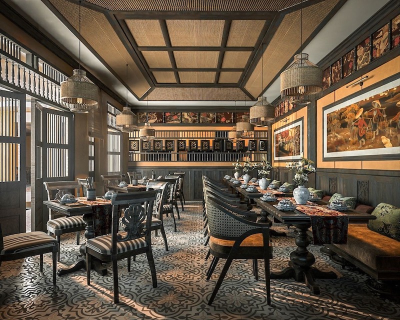 Vật liệu mạ vàng, đồng hoặc đồng thau làm chi tiết nhỏ trong nhà hàng phong cách Indochine tăng vẻ sang trọng tinh tế