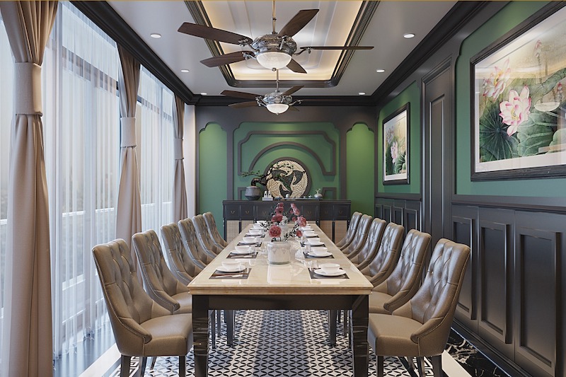 Thiết kế nhà hàng phong cách Indochine kết hợp tinh tế kiến trúc Pháp tân cổ điển và chất liệu nhiệt đới Việt Nam tạo không gian gần gũi