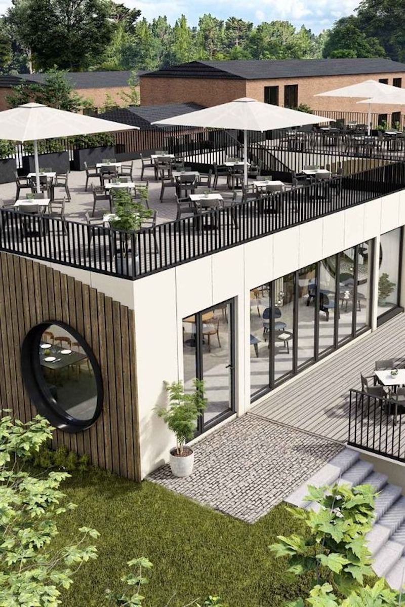 Được làm tiền chế kết hợp không gian mở dễ dàng bố trí mái che di động, dù,... tạo linh hoạt cho từng thời điểm sử dụng