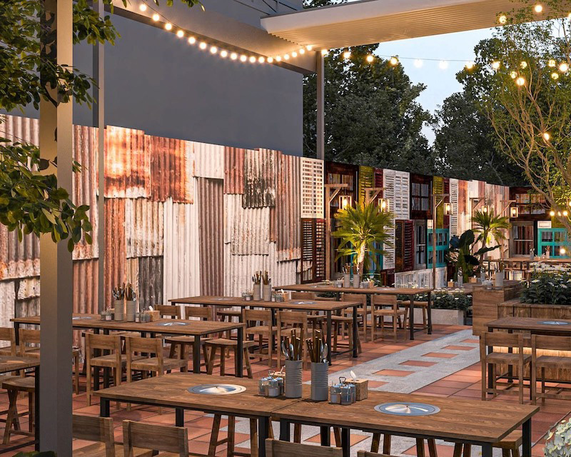 Nhà hàng ngoài trời cần hệ thống ánh sáng để tạo bầu không khí thu hút ban đêm, tăng điểm nhấn thị giác, dẫn lối di chuyển và giúp không gian trở nên ấm áp, sống động hơn 