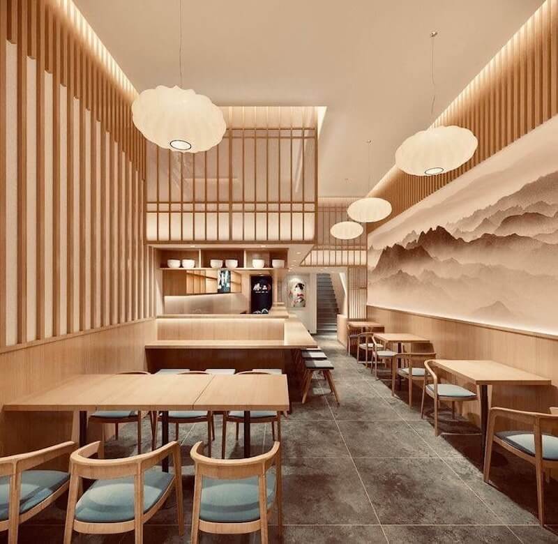 Không gian nhà hàng Sushi hiện đại với hệ thống chiếu sáng thông minh, nội thất tối giản và cách bài trí quầy bar không gian mở tinh tế