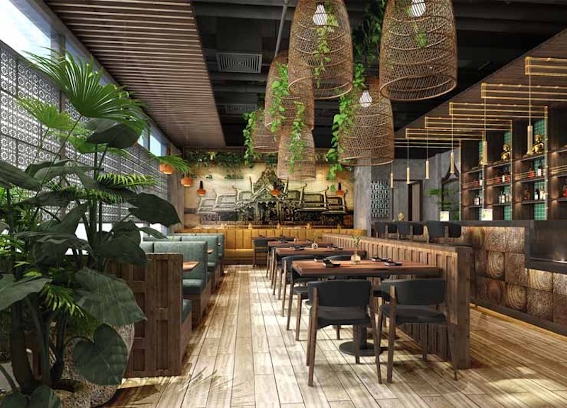 Thiết kế Tropical/Rustic Thái ưu tiên lối đi thoáng, bố trí khu vực ăn uống linh hoạt và thuận tiện, vừa đáp ứng nhu cầu khách vừa tối ưu vận hành nhà hàng 