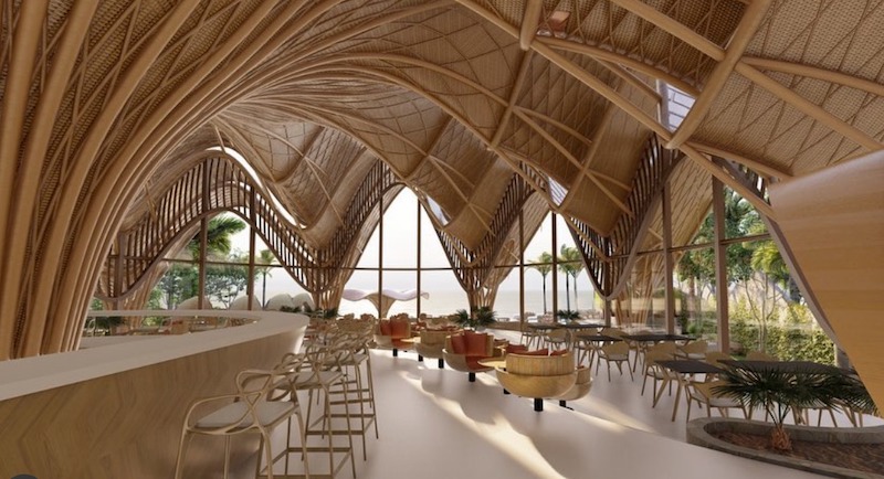 Thiết kế mái tre kết hợp hệ khung thép cho nhà hàng hiện đại vừa đảm bảo độ bền, vừa tạo hình khối độc đáo, thu hút khách từ cái nhìn đầu tiên 