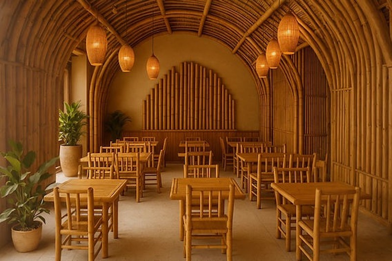 Tre được ứng dụng linh hoạt trong mái, trần, vách và nội thất nhà hàng, tạo sự đồng bộ, hài hòa và nâng cao tính thẩm mỹ cho không gian mộc mạc 