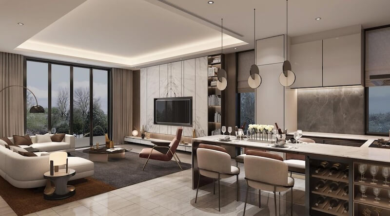 Thiết kế không gian mở kết nối phòng khách và phòng bếp không chỉ giúp tối ưu diện tích mà còn tạo nên dòng chảy cảm xúc xuyên suốt cho ngôi nhà