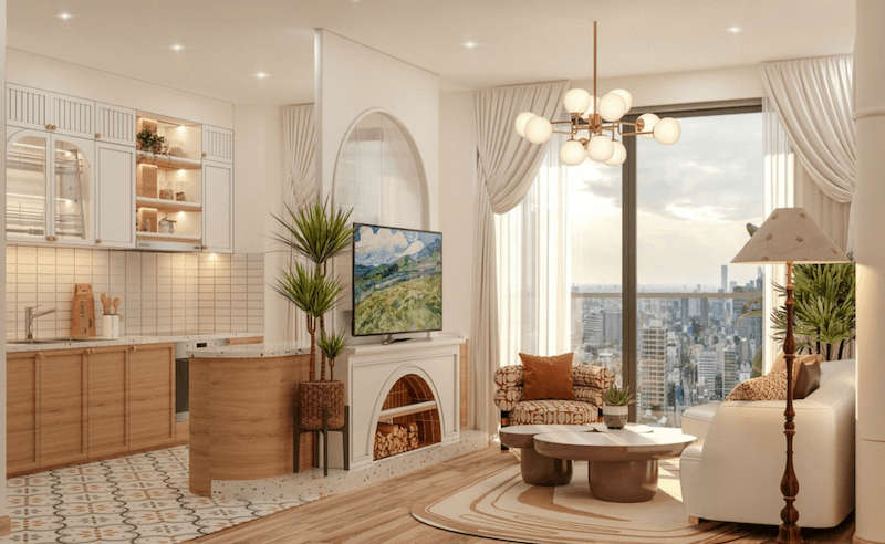 Thiết kế Bắc Âu được biến tấu khéo léo với các đường nét bo tròn và tông màu ấm áp để tạo nên một không gian sống cực kỳ thư giãn