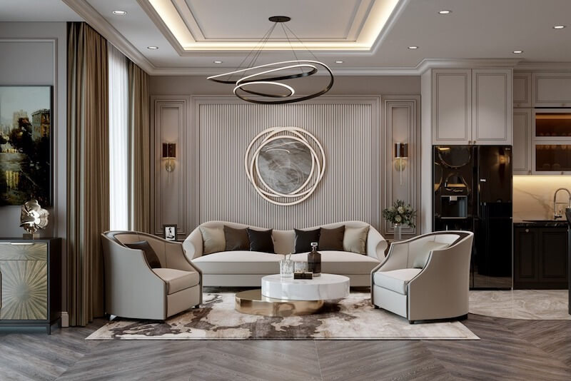 Phòng khách luxury với thiết kế hiện đại, nội thất sang trọng, tường ốp vân nổi bật và ánh sáng tinh tế, mang đến không gian thoải mái và đẳng cấp