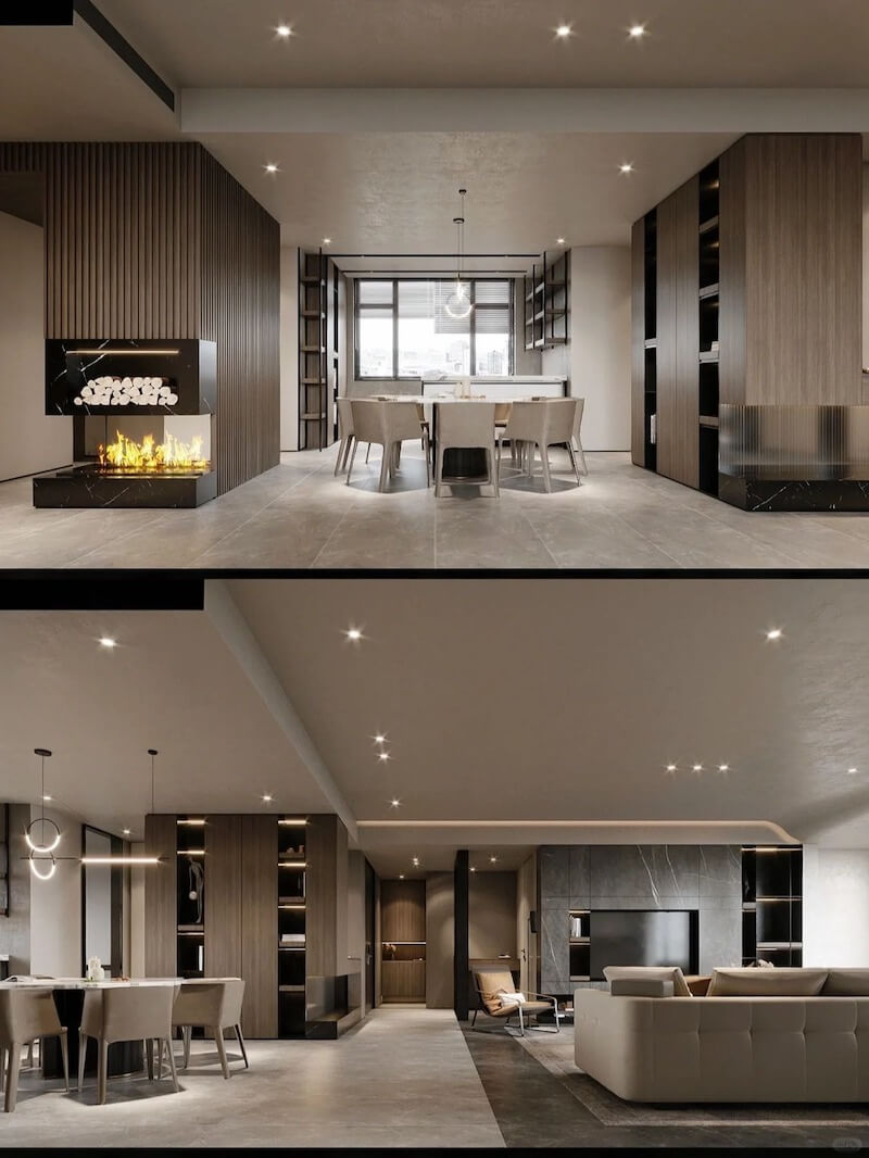 Không gian phòng khách và phòng ăn hiện đại Luxury với nội thất gỗ tự nhiên, lò sưởi sang trọng, ánh sáng tinh tế và thiết kế mở, tạo cảm giác rộng rãi và ấm cúng